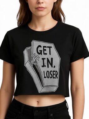 Black Crop Top “Get In, Loser” with Coffin Design